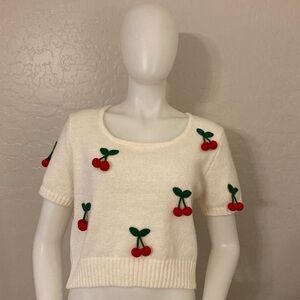 Anthropologie Luna Ivy 3D Hanging Cherries White Cropped Sweater